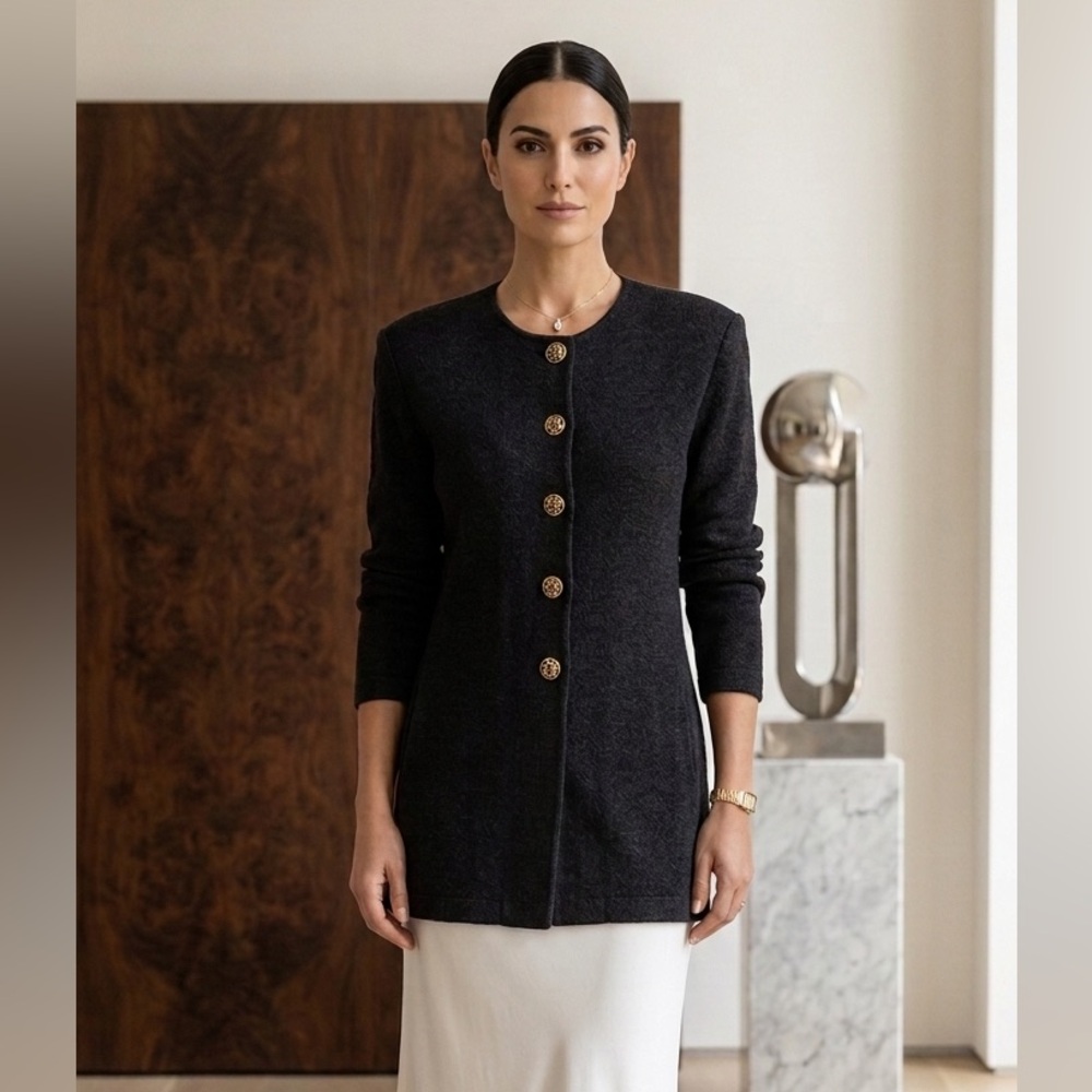 St. John Basics Black Santana Knit Gold Button Down Long Sleeve Sweater Cardigan